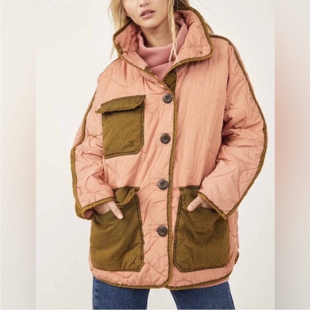 FREE PEOPLE Puffa Jacket Mixed Military Dolman Rose Combo Quilted Pockets Sz L